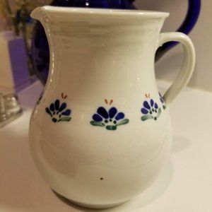 Pitcher/Vase -Ceramic Hand Crafted Pitcher- White with blue flowers.